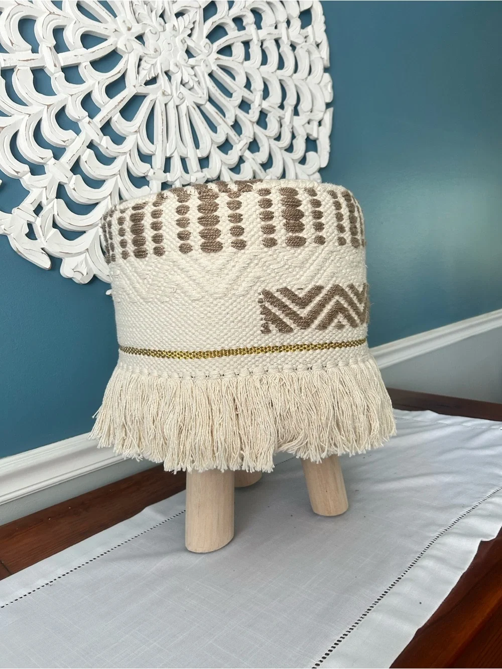 Like New Boho Woven Fringe Accent Stool Pouf in Cream and Brown